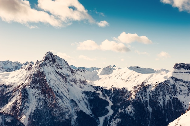 Ski resort in winter Dolomite Alps. Val Di Fassa, Italy