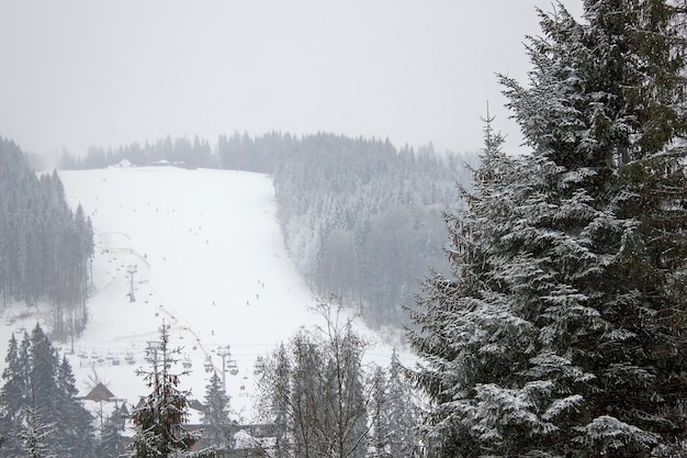 Ski slope in the snowy forest. Ukraine, Carpathians