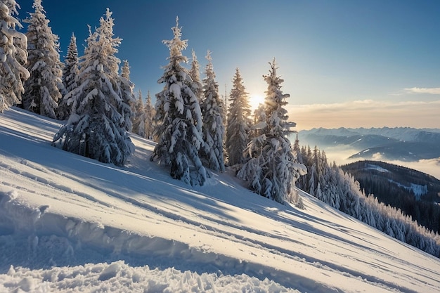 Ski slope with snowcapped trees