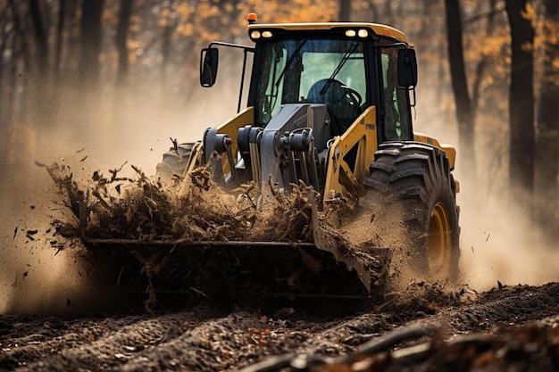 Skid steer loader clearing brush on a site