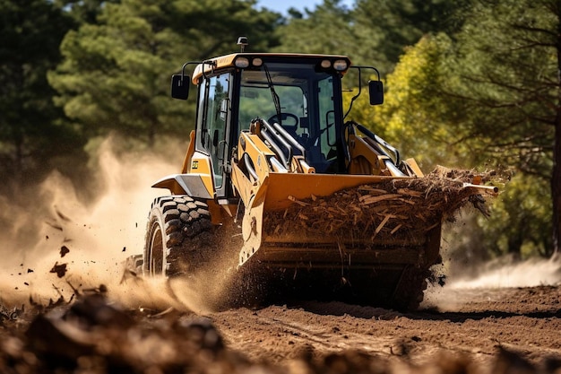 Skid steer loader clearing brush on a site