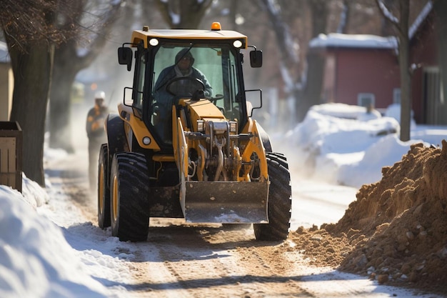 Photo skid steer loader clearing snow from sidewalks