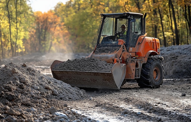 Photo a skid steer loader emptying an excavator bucket of gravel during construction