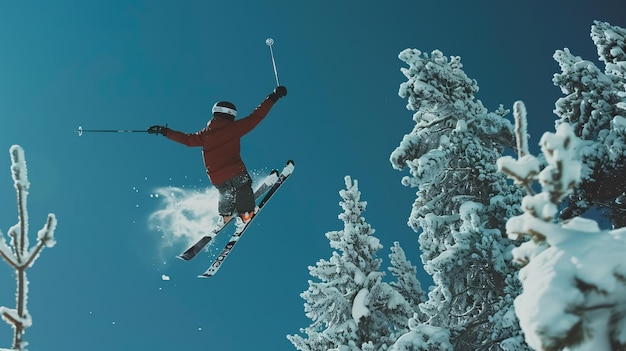 Photo a skier in the air with the snow on his skis