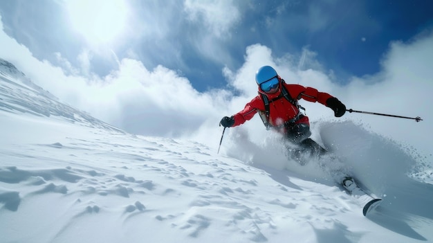 Skier Descending a Snowy Mountain