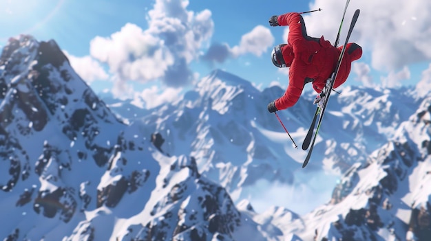 Photo skier doing a backflip over snowy mountain range