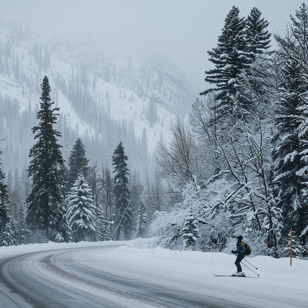 A skier enjoys a scenic walk along a road