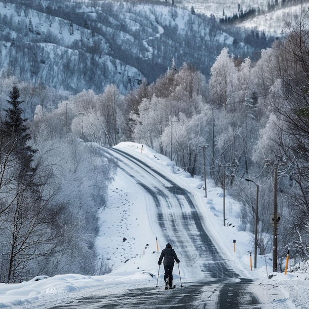 A skier enjoys a scenic walk along a road