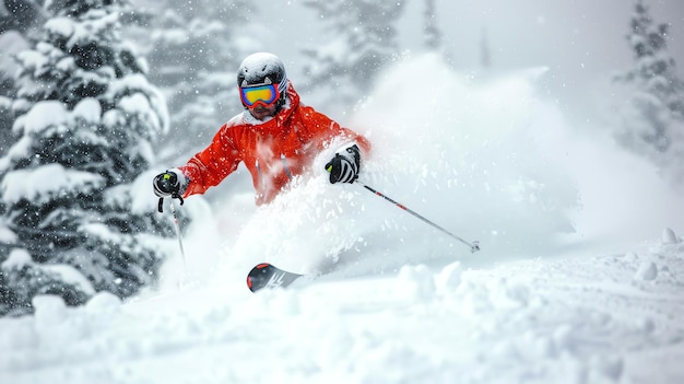 A skier is carving through fresh powder snow The skier is wearing a red jacket and a white helmet The skier is surrounded by snowcovered trees