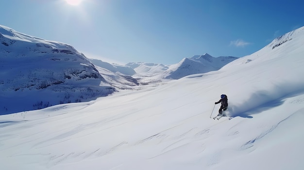 a skier is going down a snowy mountain with the sun shining on the snow