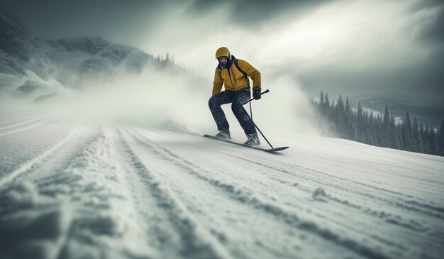 a skier is skiing down a snowy hill with a sky background