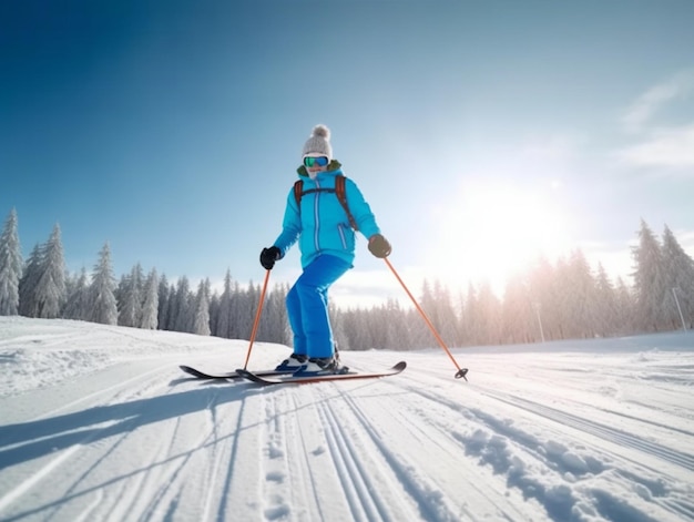 A skier is skiing down a snowy hill with the sun shining on her jacket.