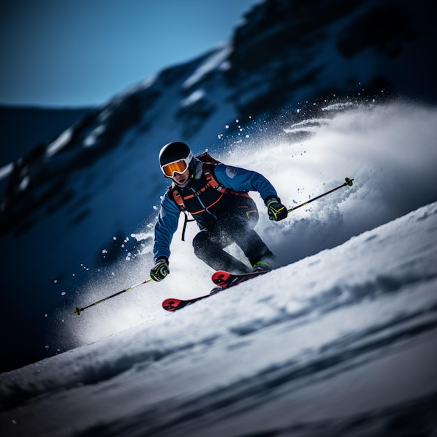 a skier is skiing down a snowy mountain with a blue jacket on