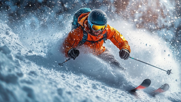 a skier is skiing in the snow with a backpack and goggles