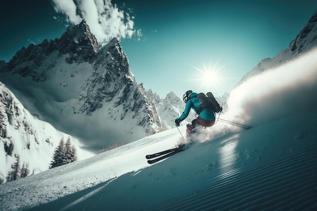 A skier is skiing in the snow with the sun shining on the mountain behind him.