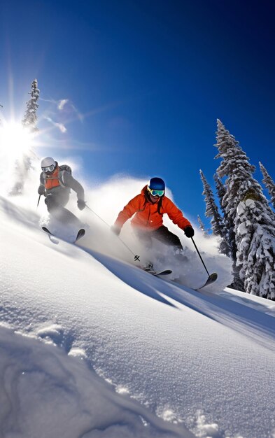 Skier jumping in the snow mountains on the slope with his ski and professional equipment on a sun