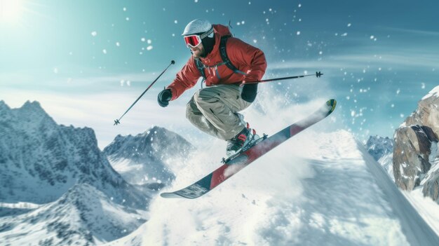 Skier jumping in the snow mountains on the slope with his ski and professional equipment on a sunny day