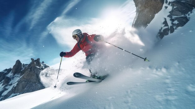 Skier jumping in the snow mountains on the slope with his ski and professional equipment on a sunny day