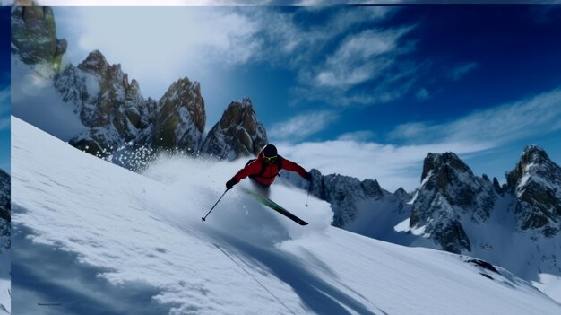 Skier jumping in the snow mountains on the slope with his ski and professional equipment on a sunny day