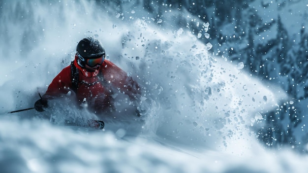 Photo skier making a sharp turn with snow particles flying capturing the action and intensity of the moment