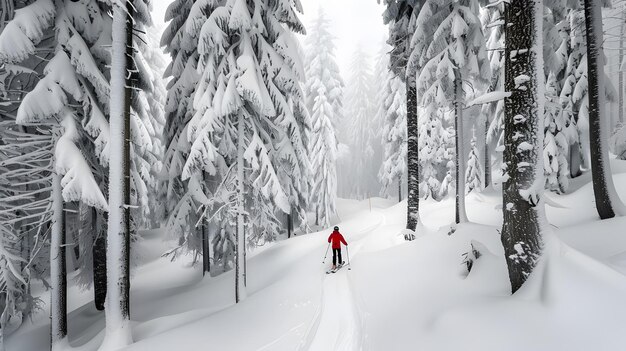 A skier navigating through a narrow trail between tall snowladen trees creating a sense of speed and adventure