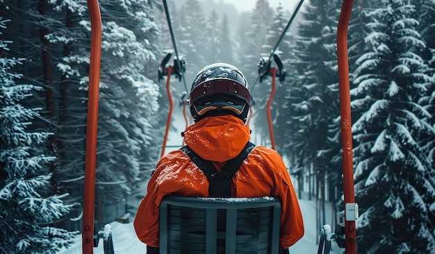 Skier in orange jacket riding a chairlift on snowy day