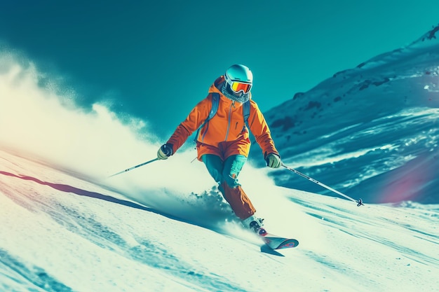 A skier in an orange jacket skiing down a snowy mountain.