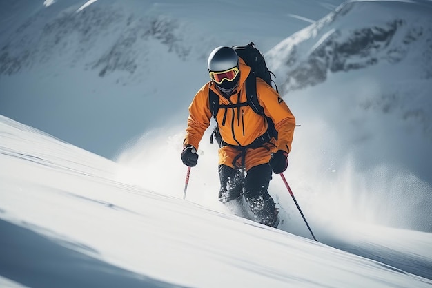 A skier in an orange jacket skiing down a snowy mountain.