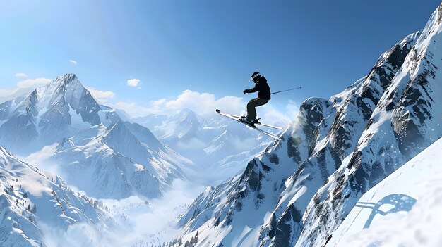 A skier performing a trick in the air with a backdrop of blue skies and snowcovered mountains