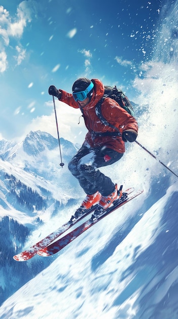 Photo a skier in red clothing performs a jump off a snowy mountain peak with blue skies and snow falling