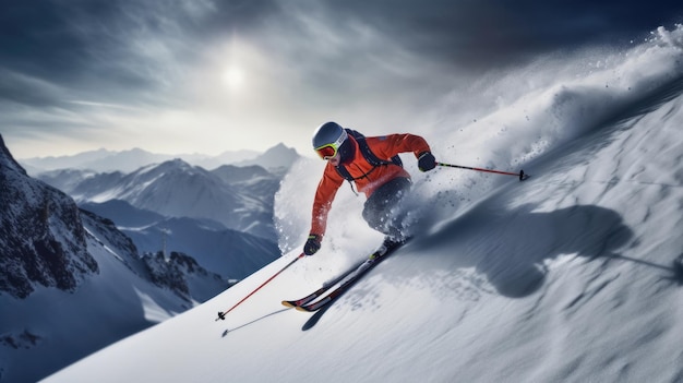 A skier skiing down a mountain with the sun shining on the background