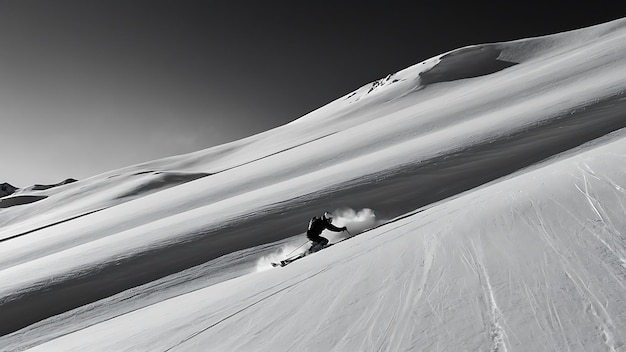 Skier skiing downhill in high mountains in black and white