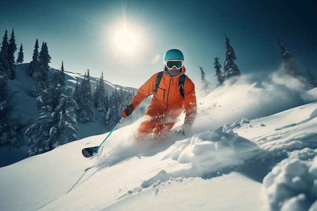 A skier on a snowy mountain with the sun shining on the background