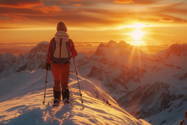 Skier stands atop snowy mountain peak gazing at stunning sunset with vibrant colors