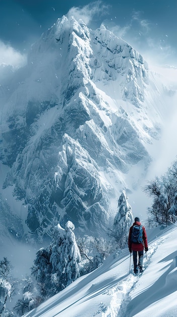 a skier stands on a mountain with a mountain in the background