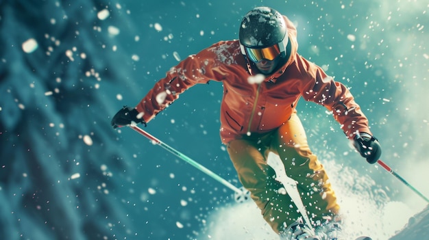 Photo a skier wearing an orange jacket and helmet carving down a snowy slope with snowflakes flying around