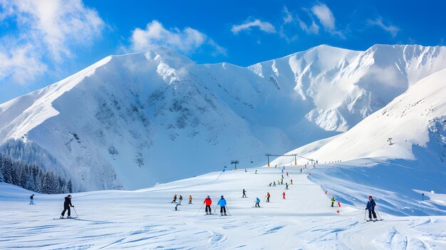 skiers on a mountain with a blue sky and clouds in the background