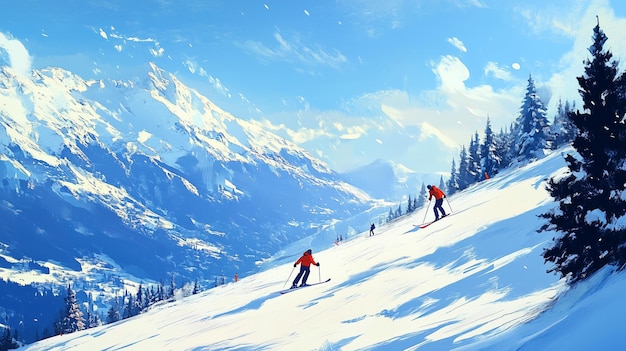 Photo skiers navigate snowcovered slopes against a stunning mountainous backdrop in a bright winter landscape