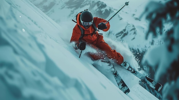 Photo skiing down a snowy mountain dynamic action shot in winter landscape