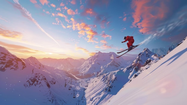 Skiing at Sunset in the Snowy Mountains