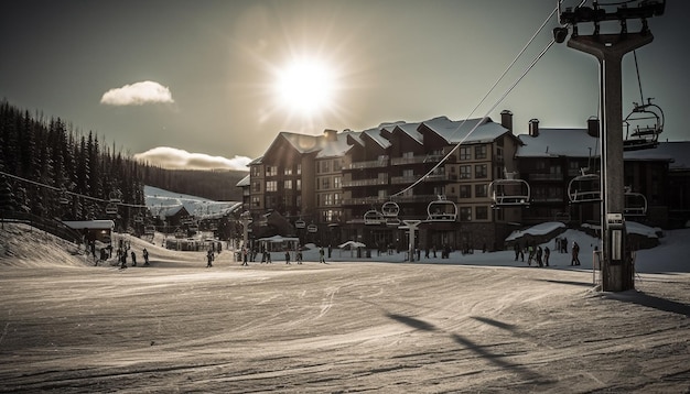 Skiing in winter wonderland fun illuminated dusk generated by artificial intelligence