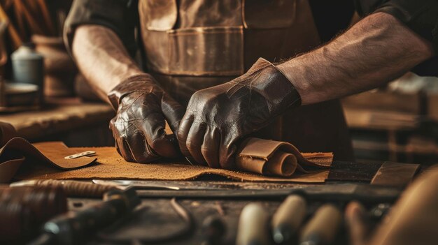 A skilled artisan crafting leather goods by hand focusing on precision and traditional techniques in a workshop filled with tools and materials