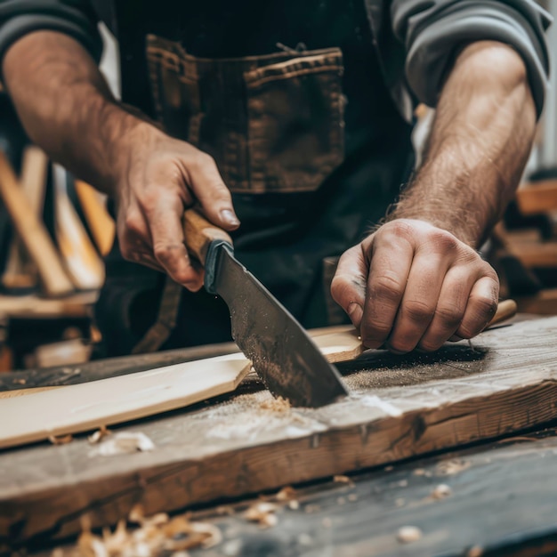 Photo skilled artisan creating wooden crafts in workshop with hand tools and natural materials