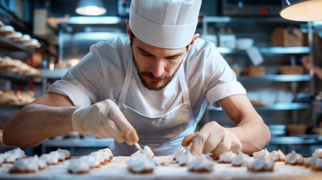 Photo a skilled baker carefully decorates a line of pastries with precision in a bustling bakery ensuring each one meets high standards before serving customers