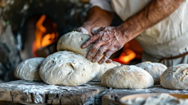 A skilled baker expertly shaping dough into traditional bread loaves before placing them into an