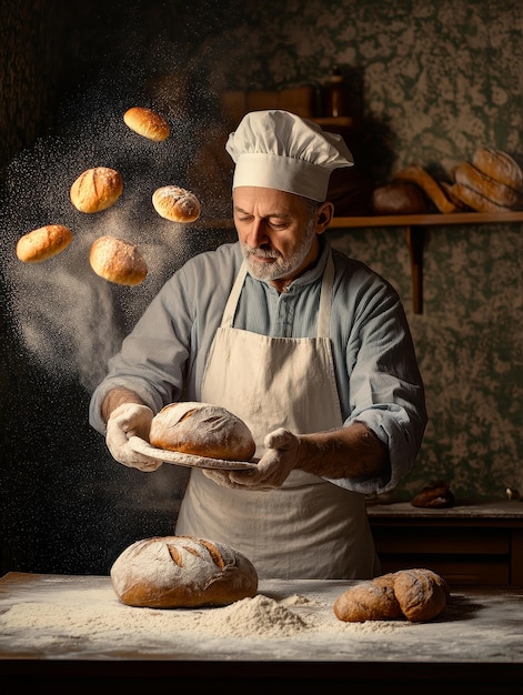 A skilled baker holds a loaf of bread surrounded by fresh pastries symbolizing craft traditi