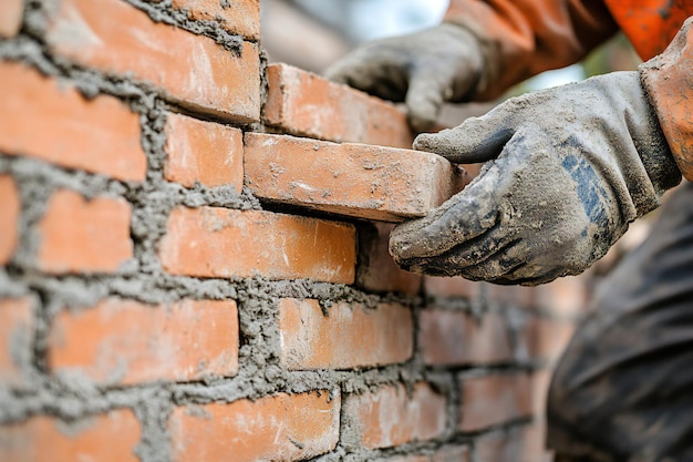 Skilled Bricklayer Working with MudBricks at Construction Site Traditional Masonry Techniques