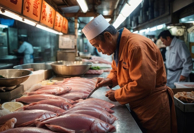 Skilled butcher preparing fish cuts in a traditional shop