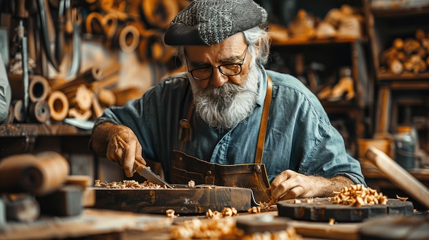 A skilled cabinet maker working meticulously in a bustling woodshop surrounded by tools and wood