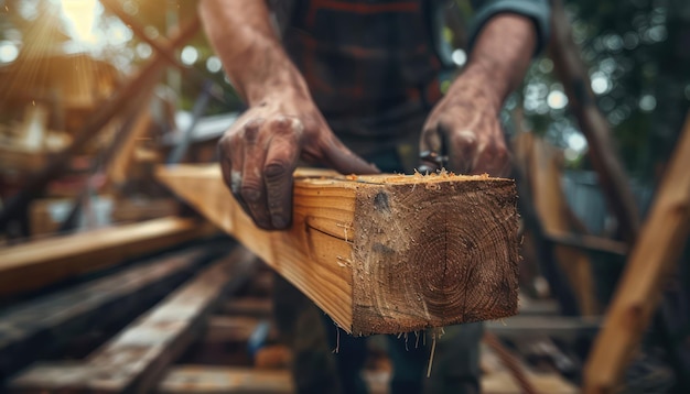 Photo skilled carpenter adjusting timber beams within a construction framework on a site expertise and